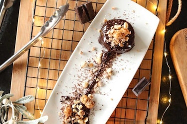 Chocolate Hazelnut Bomb with Caramel Sauce and Sugared Nuts (GF)